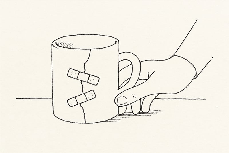 A single hand steadies a cracked mug with two small patch strips, symbolizing the quiet effort to keep teams intact and moods smooth without recognition.